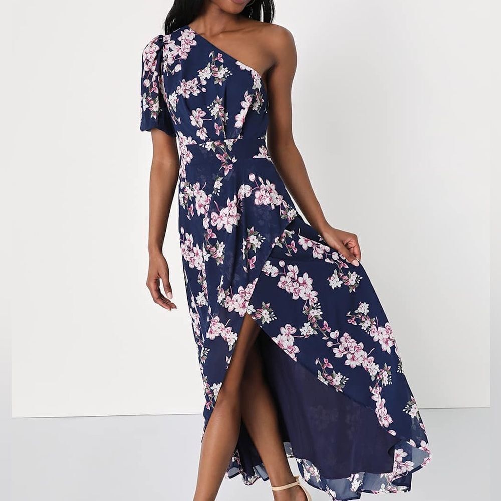 NWT LuLus women's Navy Floral One-Shoulder High-Low Dress size small